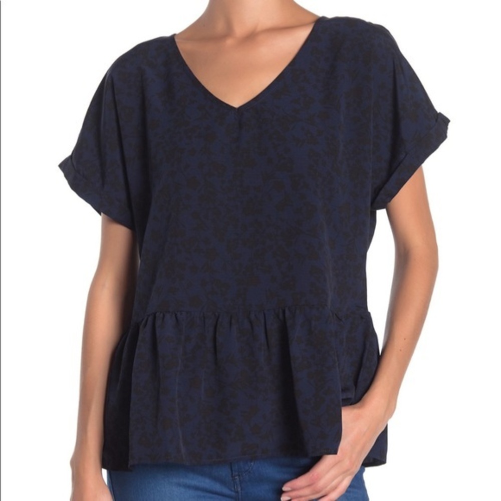 Bobeau Floral V-Neck Ruffle Hem Blouse